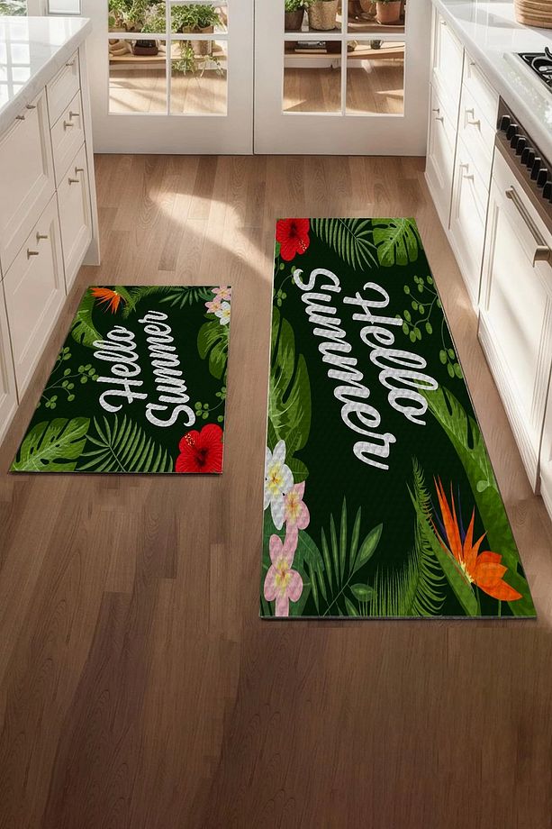 Hello Summer Yeşil Mutfak Matı Halısı Yıkanır Kaymaz Taban Tezgah Önü Paspası Ikili Set - 2