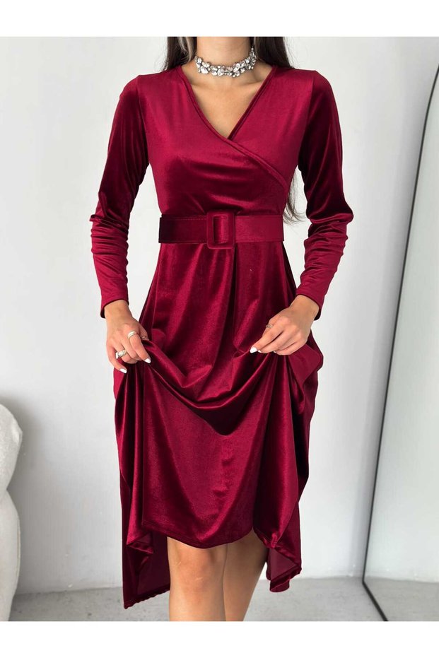 Women's Double-breasted Velvet Dress with Collar Detail and Belt (Color Options)