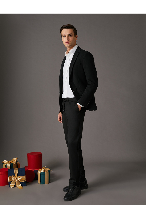 Fabric Trousers Slim Fit Lace Waist Pocket Detailed Ankle Length