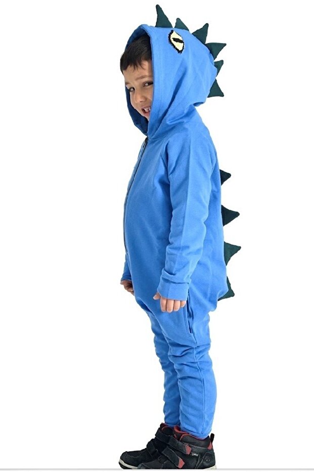 Hooded Boy's 100% Cotton Blue Dino Jumpsuit Costume