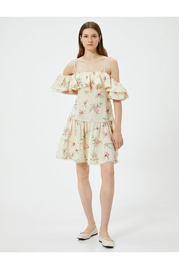 Madonna Collar Off-The-Shoulder Floral Dress Mini Strap Flounce Viscose