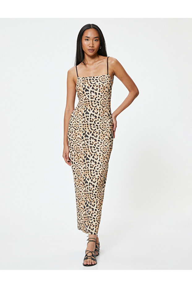 Leopard Print Slim Fit Long Dress - Thin Straps and Low Cut