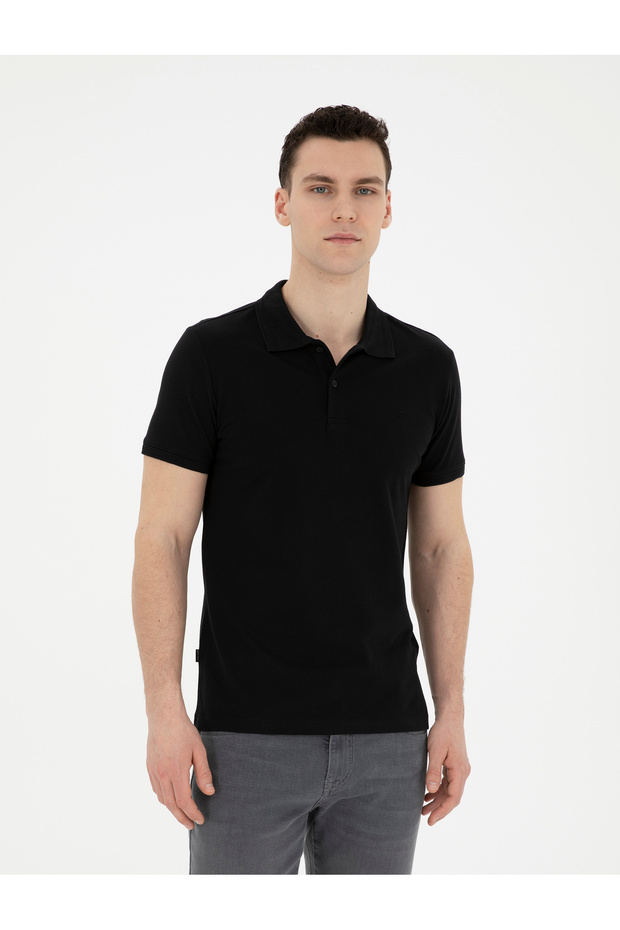 Black Slim Fit 100% Cotton Buttoned Polo Collar Basic T-Shirt 50291625-Vr046