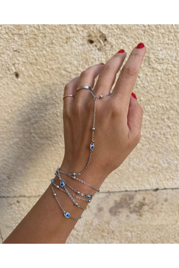 Silver Color Evil Eye Bead Detail Wrapped Hand Accessory