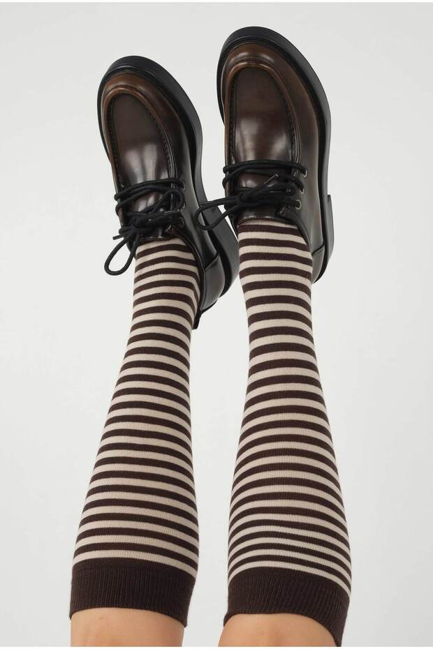 Striped Knee Socks Beige-Bitter Brown