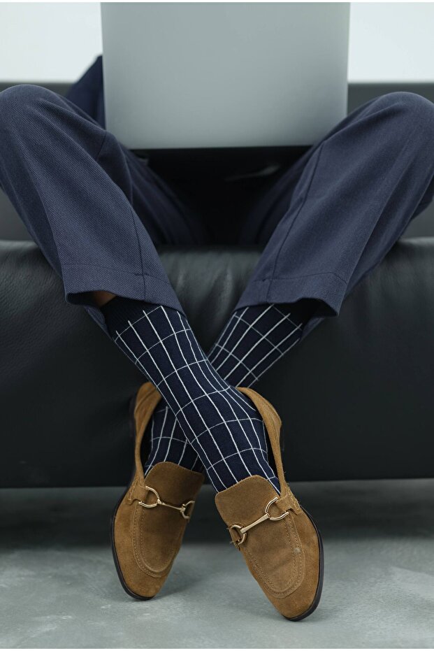 Grid Pattern Socks Navy Blue-Grey - 1