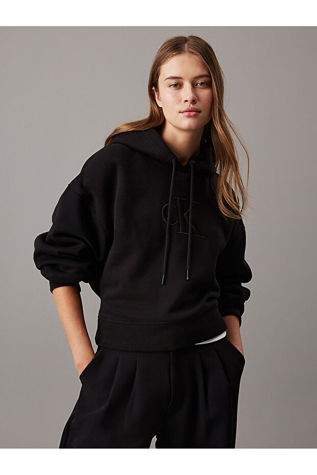 Kadın Siyah Kapüşonsuz Sweatshirt - 1