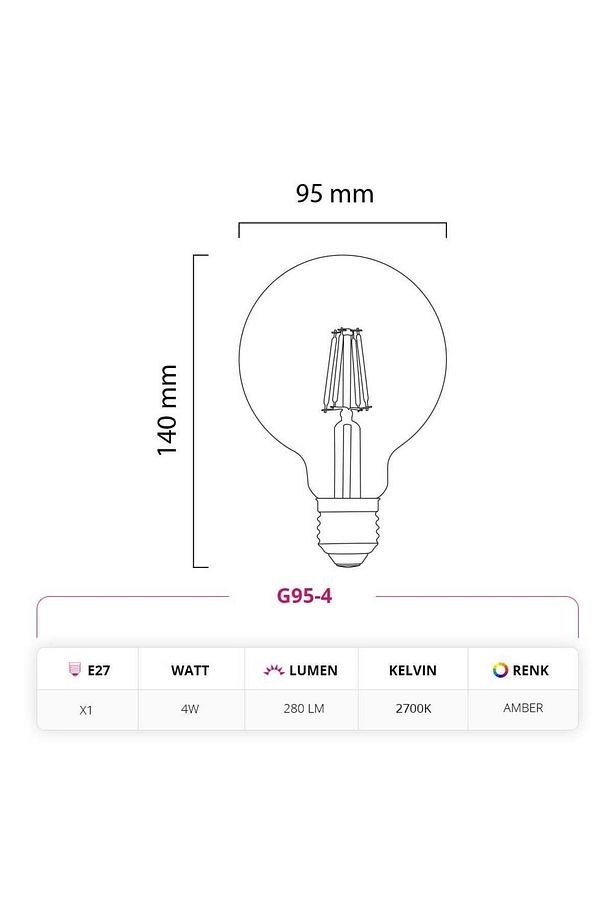 4W 220V E27 G95 Rustik LED Ampul G95-4 - 3