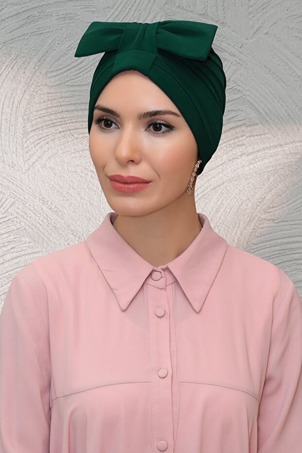 Emerald Practical Ready-made Snap-on Hijab Bone Sandy Fabric Bow-Dorted Gathered 7010_37