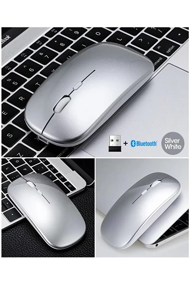 ŞARJLI MOUSE 2.4GHZ USB WİRELESS VE BLUETOOTH LU SESSİZ FARE İOS ANDROİD TABLET TELEFON UYUMLU - 1