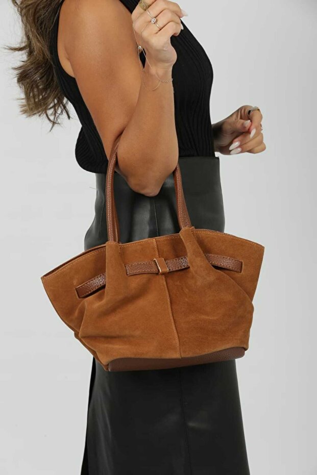 Women's Tan Suede Large Size Shoulder Bag with Gold Buckle Detail