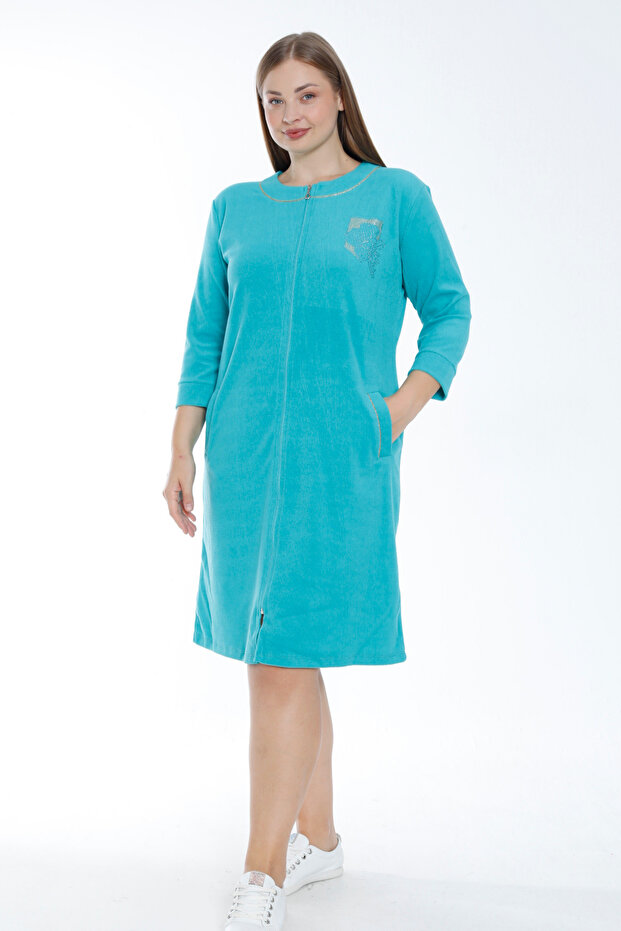 Women's Turquoise Zippered Three-Quarter Sleeve Pocketed Ribbed Stoned Cotton Towel Plus Size Dress