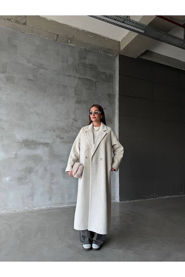 Ekru Yün Alaşım Kaşe Oversize Kaban - 2