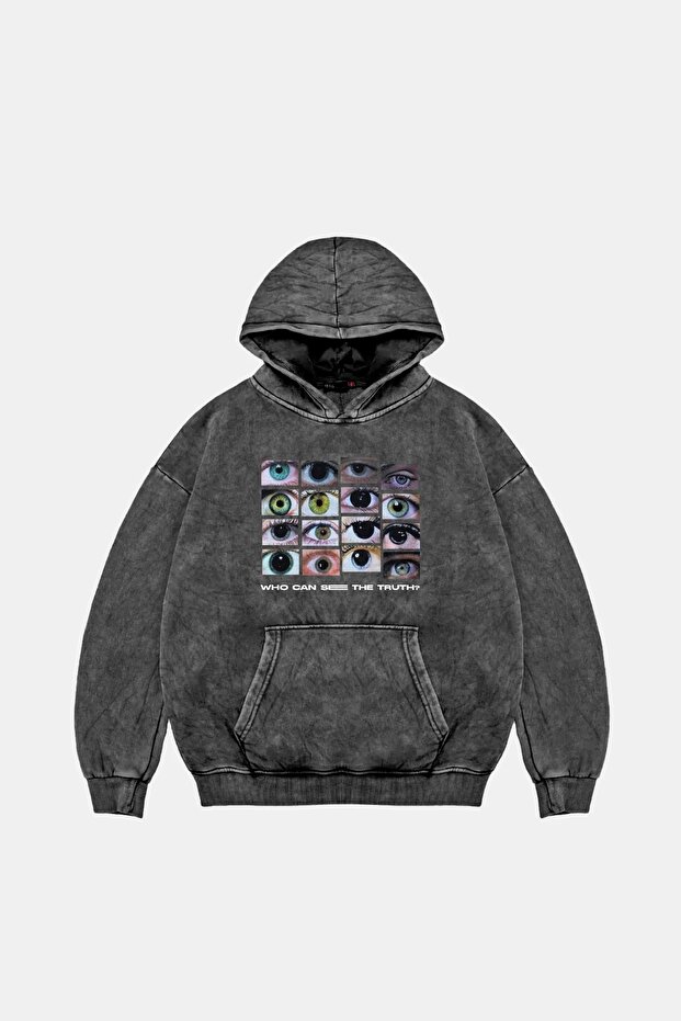 Who Can See Printed Oversize Unisex Premium Washed Black Hoodie