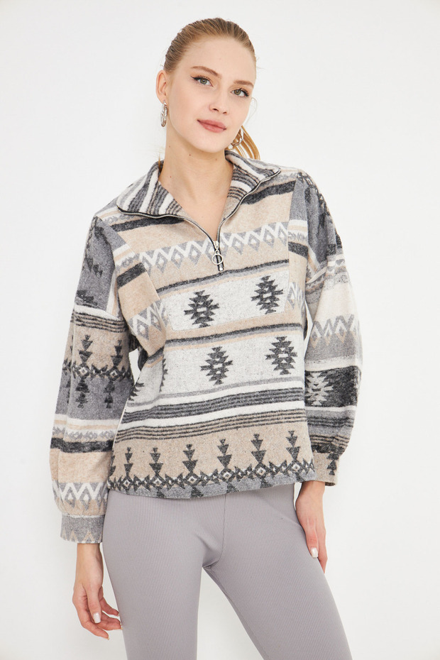 Light Beige Women's High Top Sweatshirt with Zipper - Arm-25K 001056