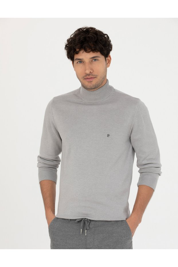 Hellgrauer Melange Slim Fit Halbrollkragen-Basic-Strickpullover 50276502-VR091