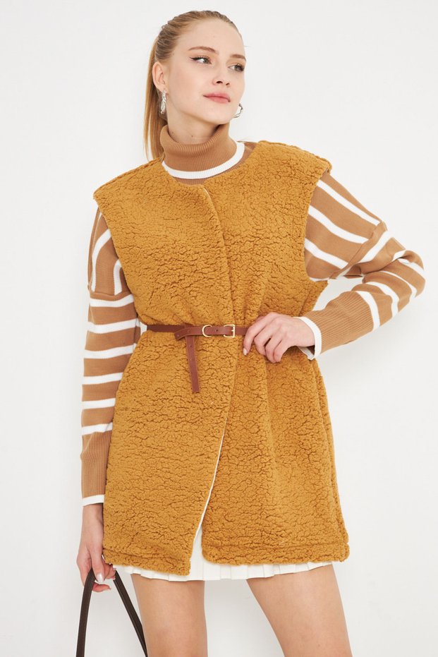 Women's Milk Coffee Faux Leather Belted Lined Plush Vest Arm-25K 001067