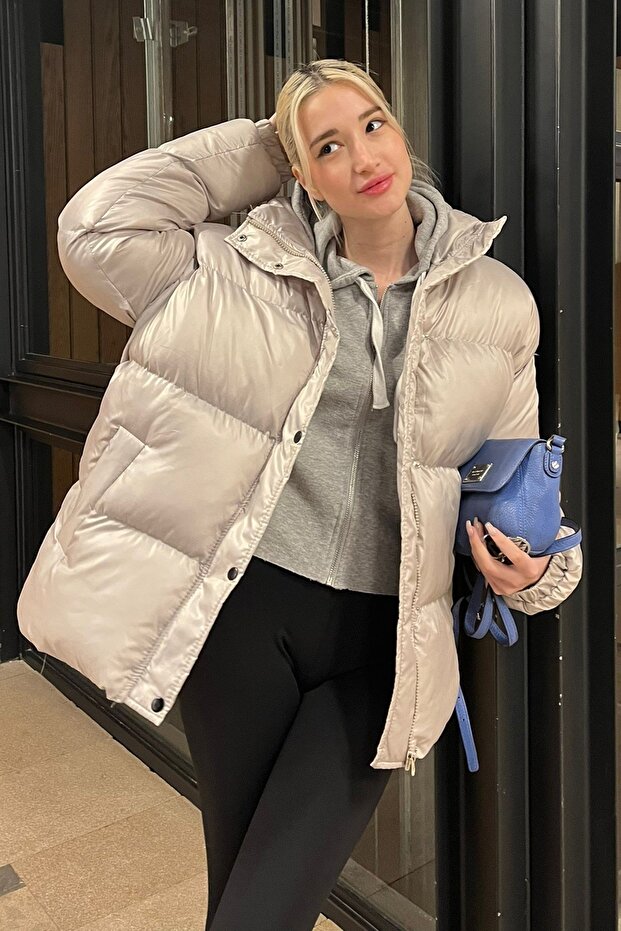 Gri Basic Oversize Kadın Şişme Mont Mg1582 - 4