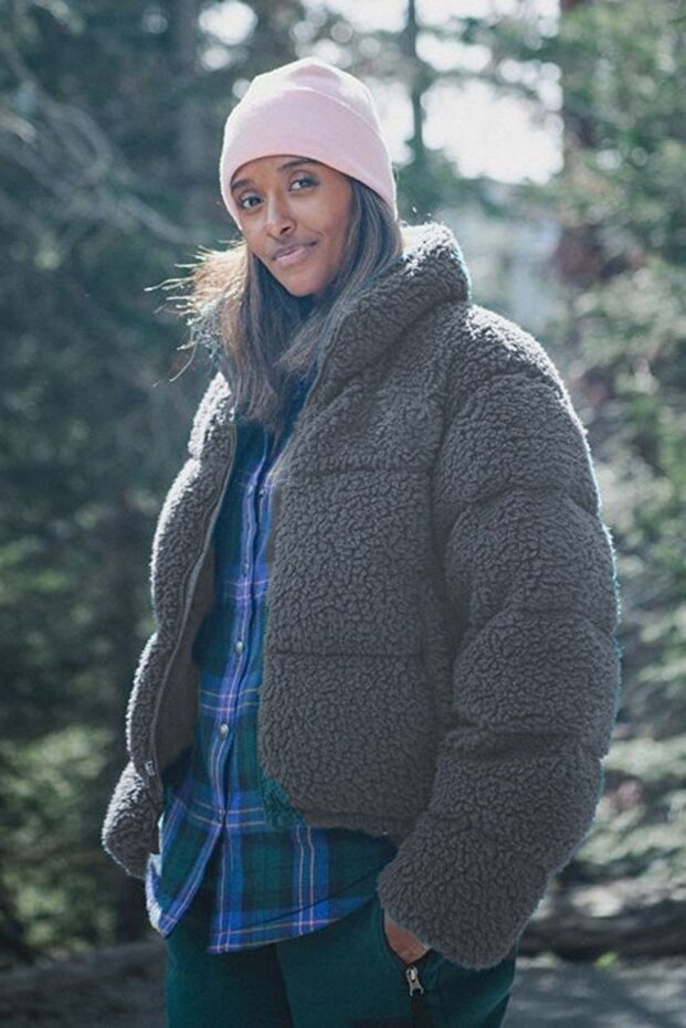 Füme Peluş Basic Crop Mont Mg1634 - 3