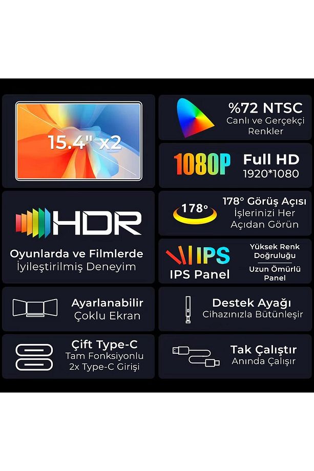 NPM20 15.4" FHD 1080p IPS Type-C Taşınabilir Dizüstü 2'li Monitör Çoklayıcı Notebook Monitör - 7