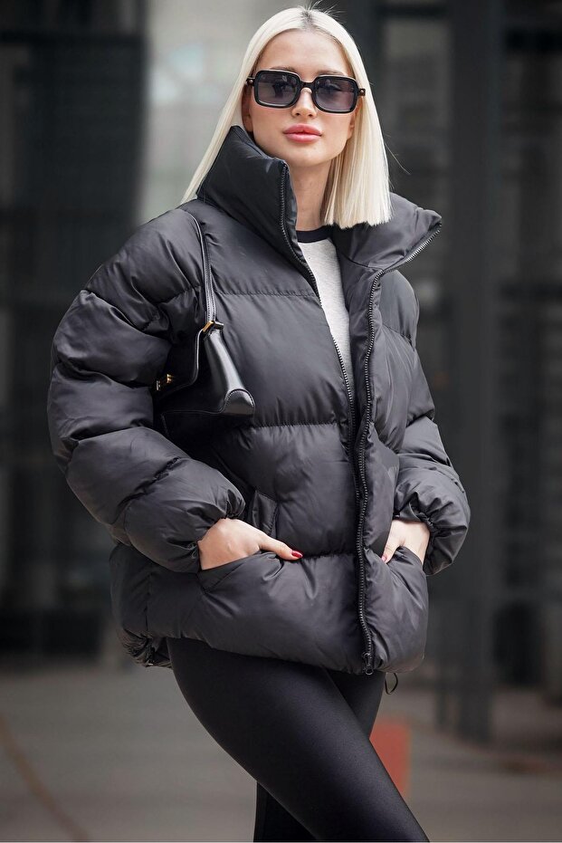 Siyah Basic Oversize Kadın Şişme Mont Mg1550 - 1