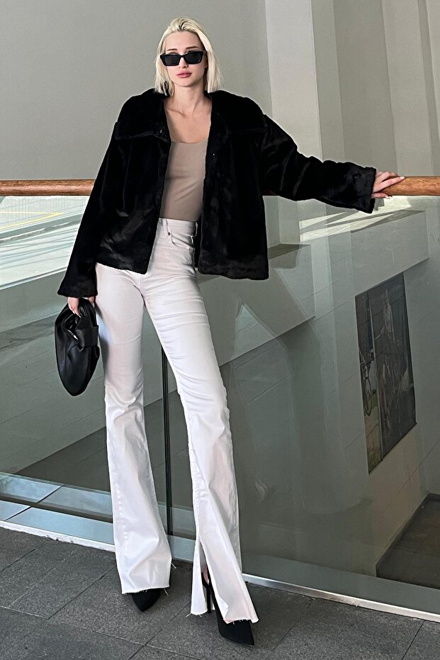 Siyah Yakalı Yumuşak Dokulu Astarlı Kadın Peluş Kürk MG2178 - 2