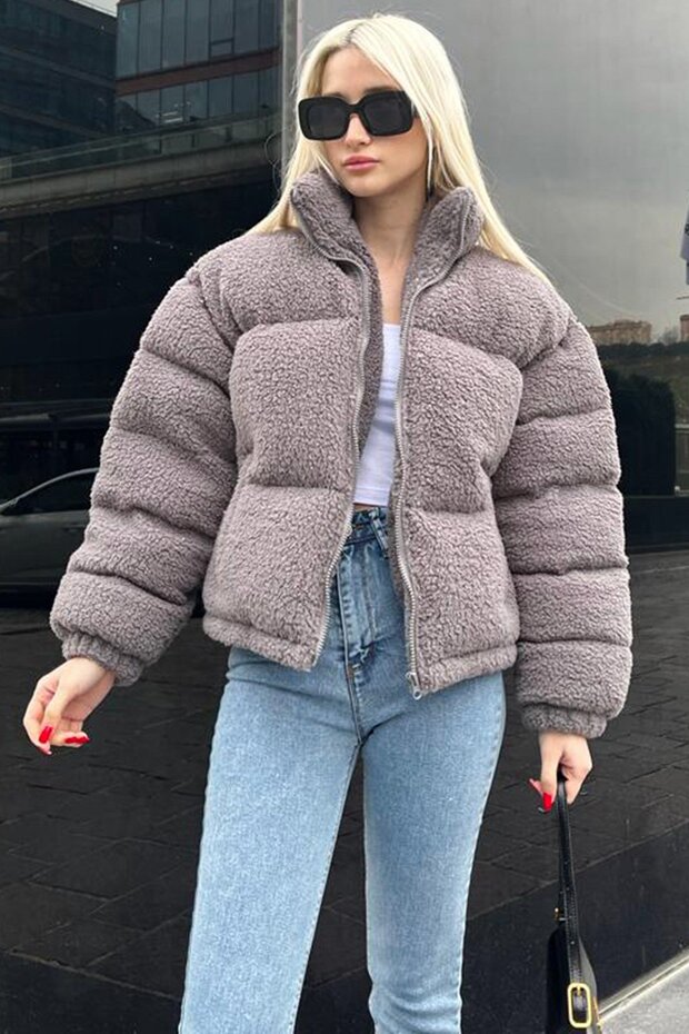 Füme Peluş Basic Crop Mont Mg1634 - 2