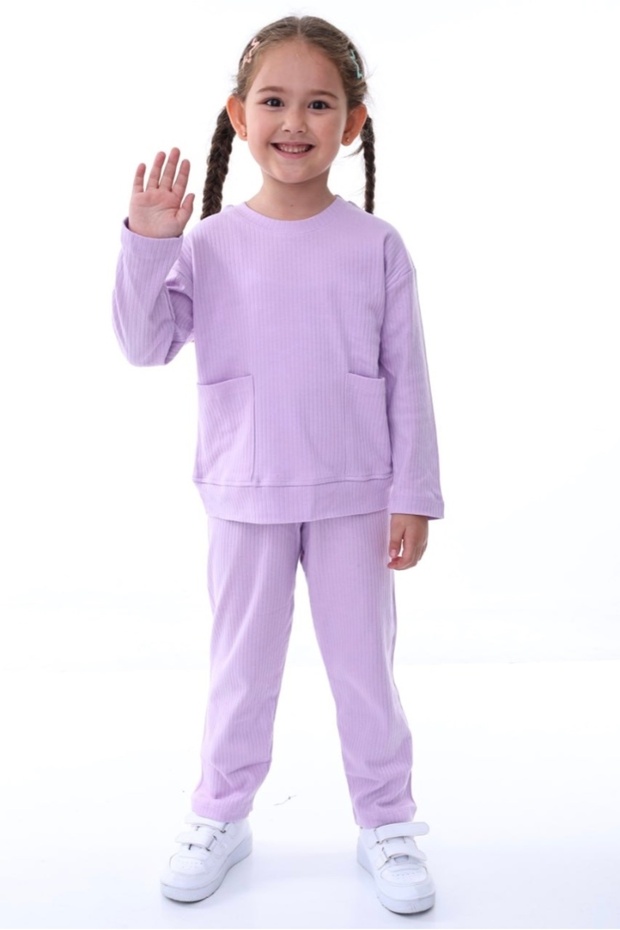 Girl's Ribbed 100% Cotton Lilac Color Pocket Pajamas Set