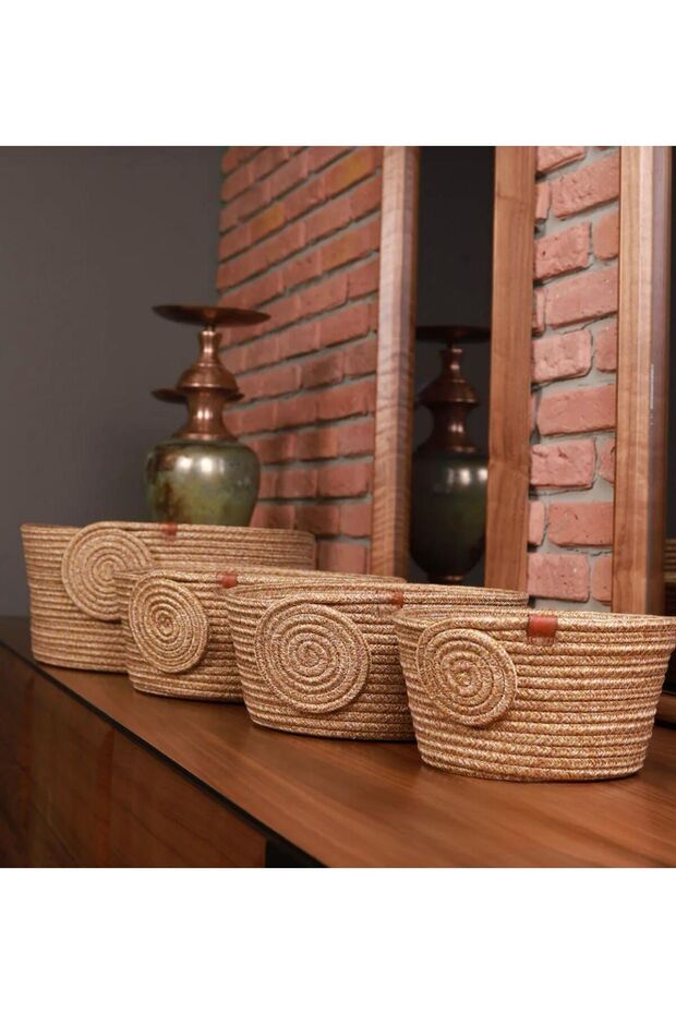 Jute Wicker Hand Woven 4-Piece Covered Basket Set Organizer