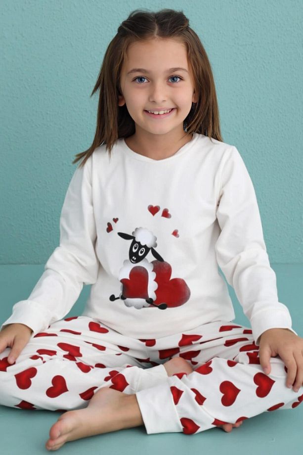 Lamb Desenli Uzun Kollu Pamuk Kız Çocuk Pijama Takımı - 1