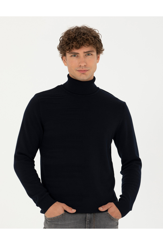 Navy Blue Slim Fit Turtleneck Sweater 50281831-Vr033