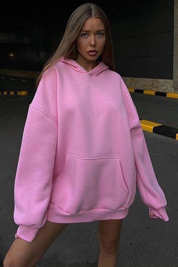 سويت شيرت وردي بغطاء للرأس مقاس كبير Mg1566
