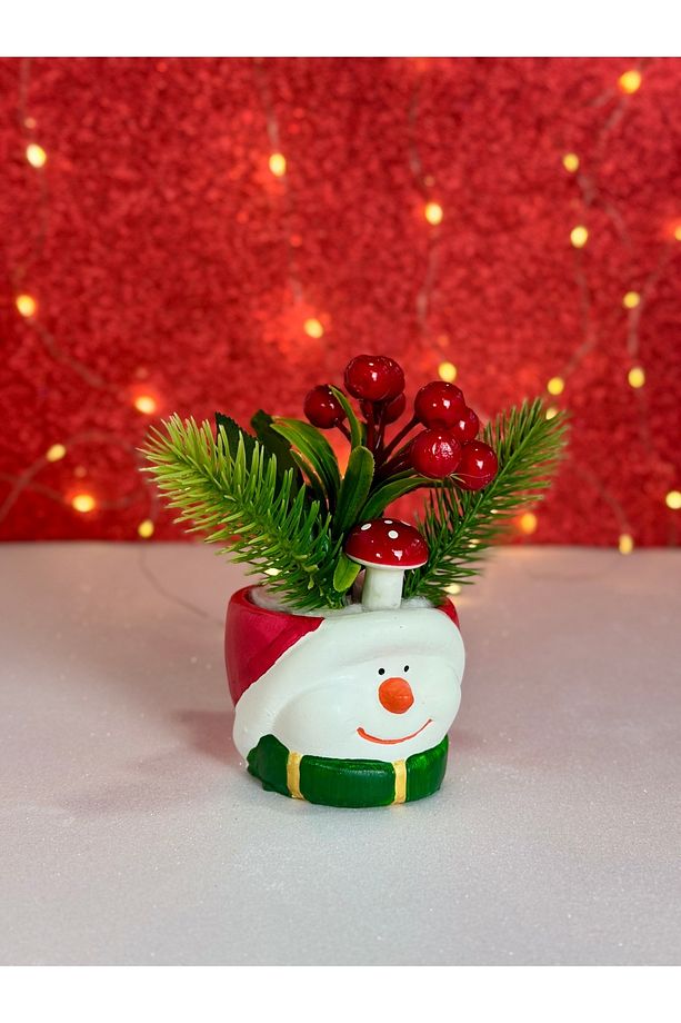 2'li Yeni Yıl Noel Baba ve Kardan Adam Yapay Çiçek Kokinalı Yılbaşı Dekorasyonu Saksı - 5