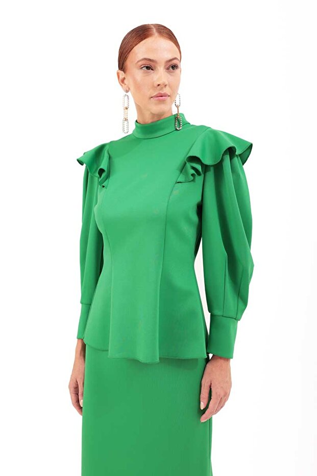 Kolları Volanlı Örme Bluz - 5