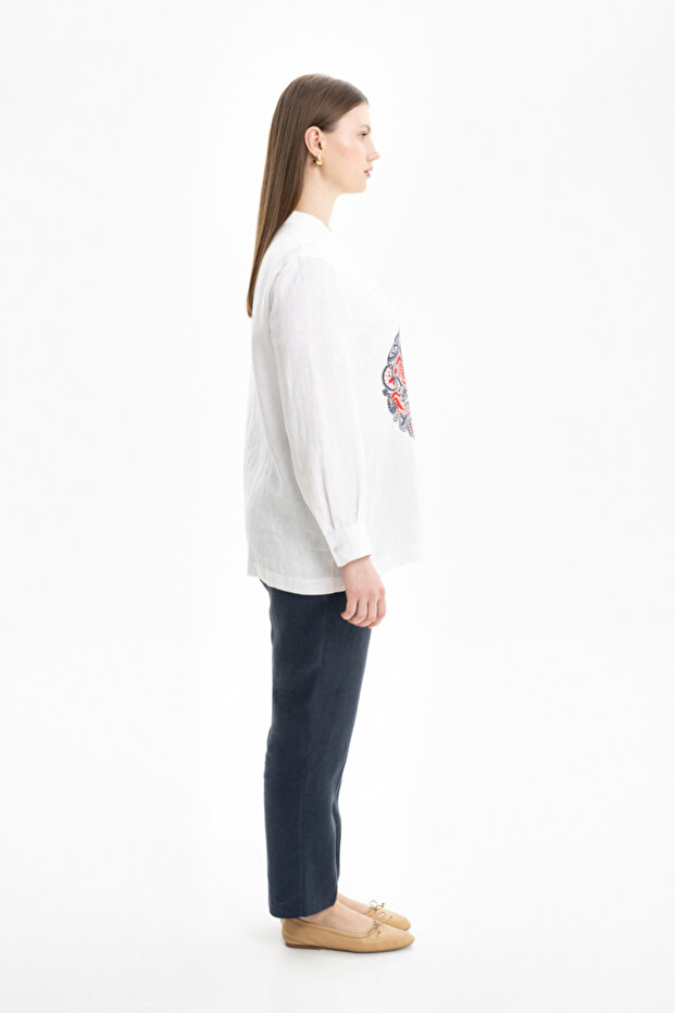 İşlemeli Keten Bluz - 2