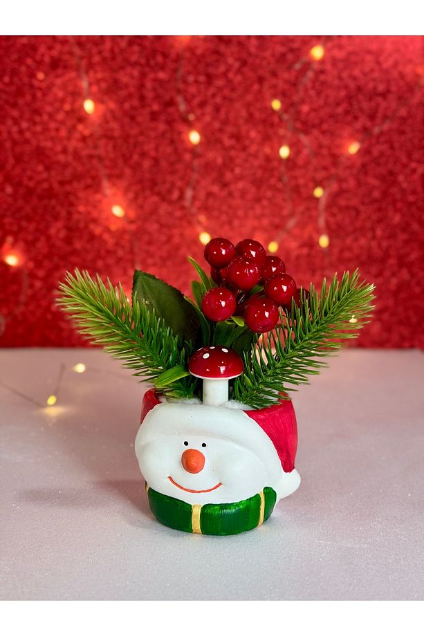 2'li Yeni Yıl Noel Baba ve Kardan Adam Yapay Çiçek Kokinalı Yılbaşı Dekorasyonu Saksı - 4
