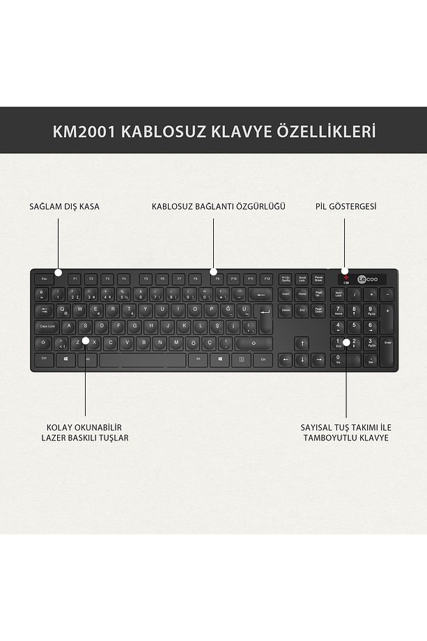 Km2001 Kablosuz Türkçe Q Klavye & Mouse Set Siyah - 6