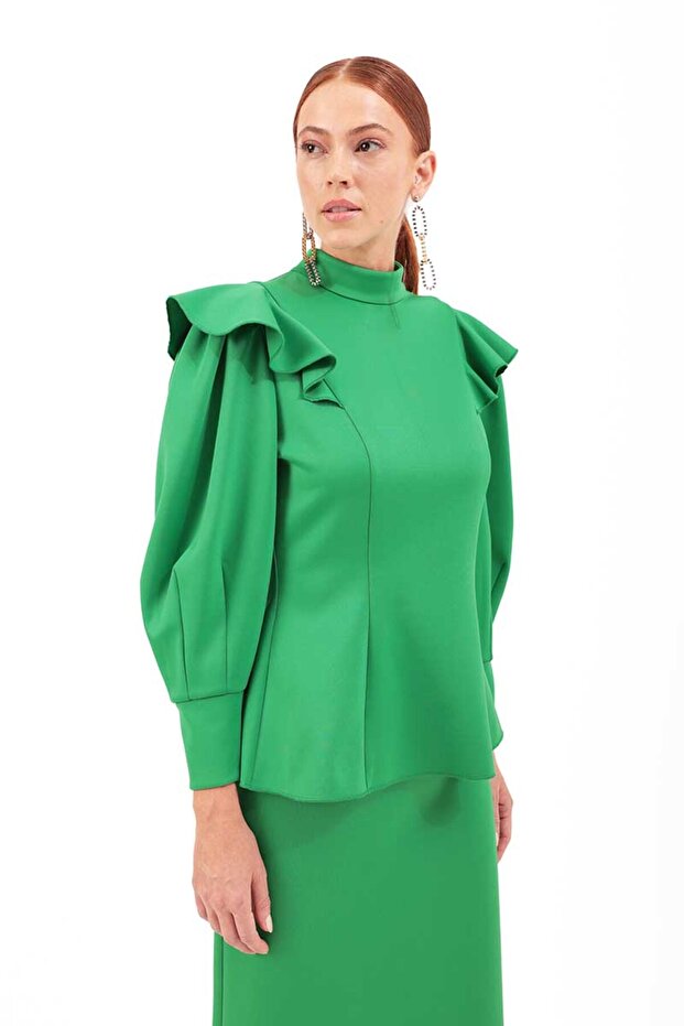 Kolları Volanlı Örme Bluz - 6