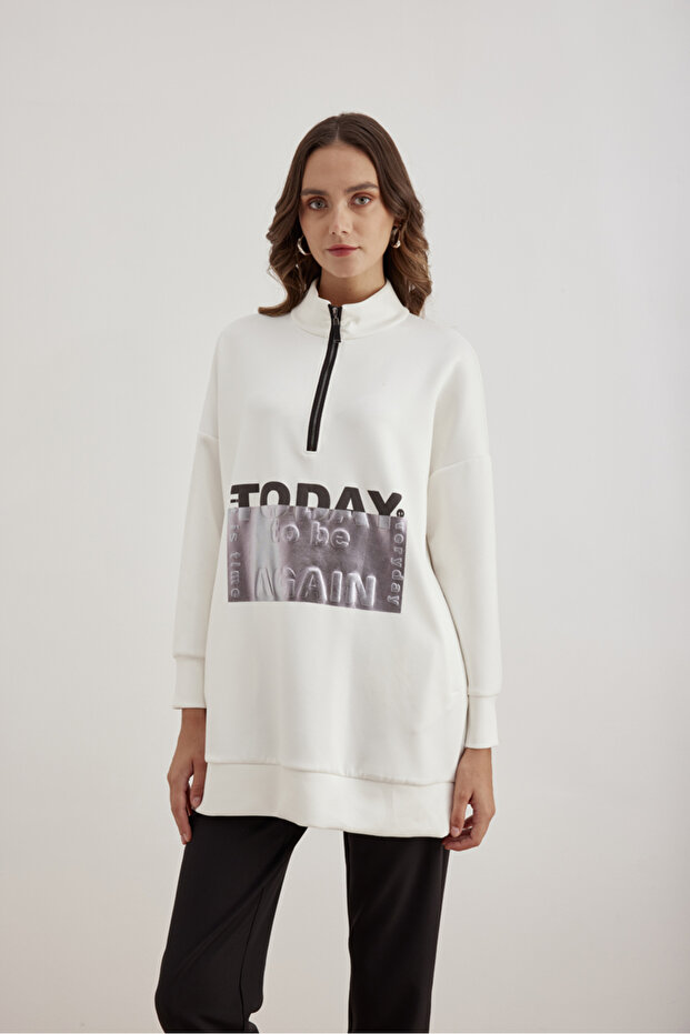 Fermuarlı Baskılı Bluz - 4