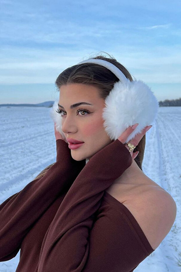 غطاء أذن من القطيفة باللون الأبيض قابل للطي - 5