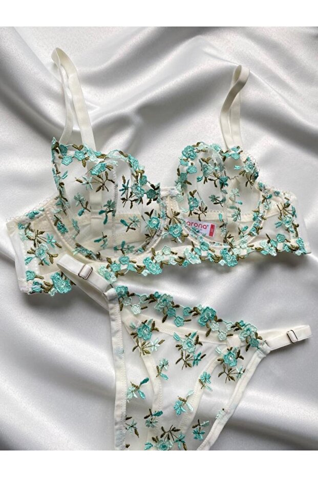 Romantic Aqua Bloom Lace Bralet Set with White & Blue Flowers