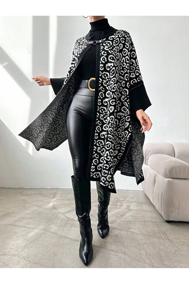 kadın leopar desenli triko panço - 1