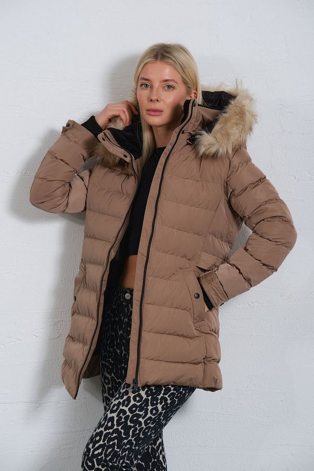 Vizon Çıkabilir Suni Kürklü Kapüşon, Su Iticili Kumaş, Kadın Anorak Mikro Mont Kaban @jasmin - 1