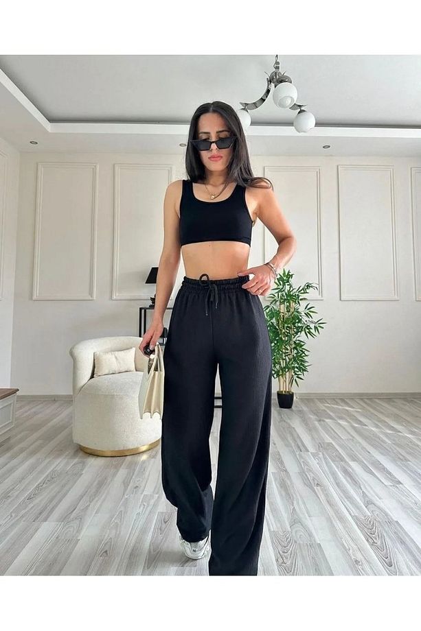 Gofre Kumaş Fitilli Tiril Tiril Bol Paça Pantolon Geniş salaş model - 2