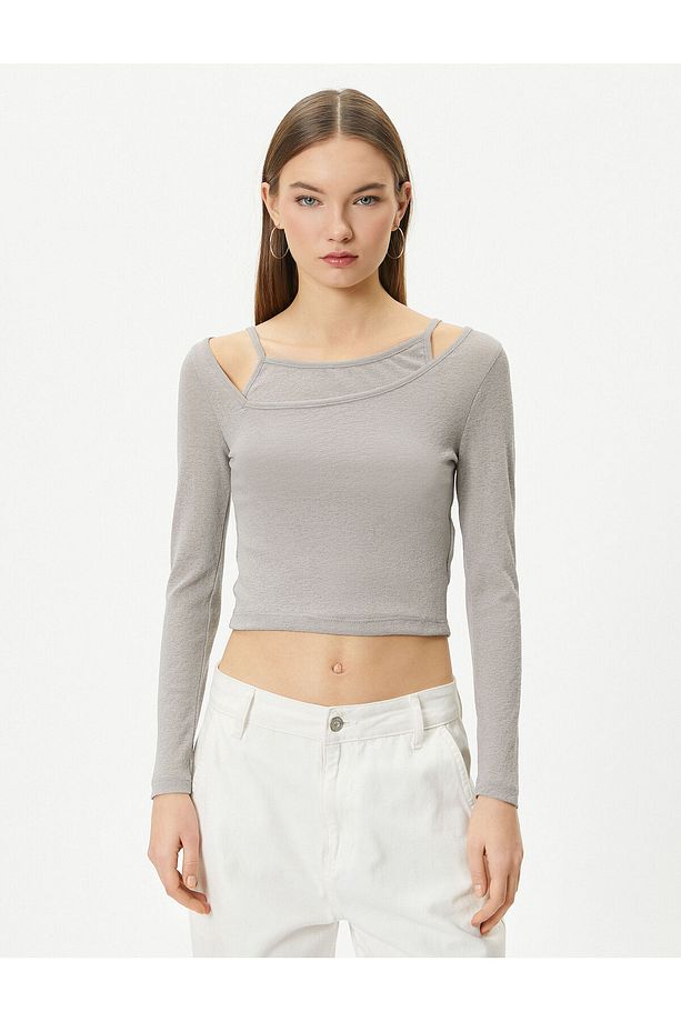 Omzu Açık Crop Tişört Çift Asimetrik Yaka Uzun Kollu Slim Fit - 3