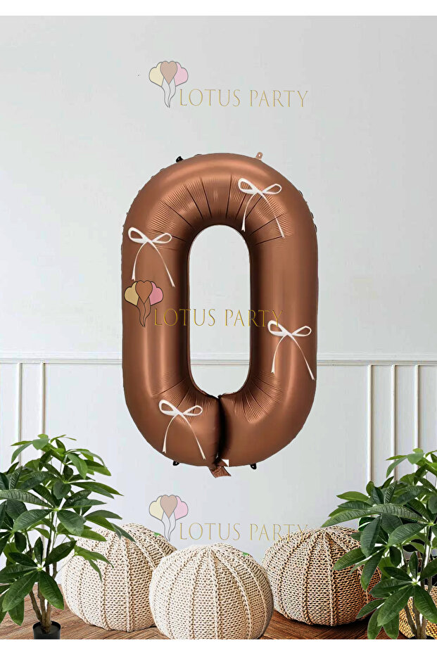 Brown Number Foil Balloon with Ribbon White Number with White Ribbon Brown Number 0 Age
