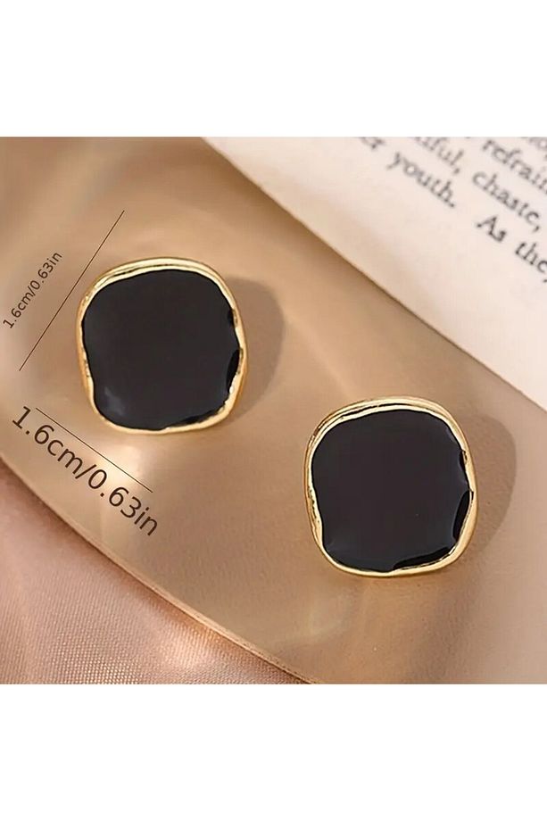 Siyah Taşlı Gold Çerçeveli Küpe - 4