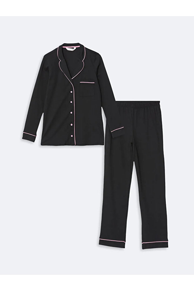 Lcw Dream Black Shirt Collar Women's Pajamas Set