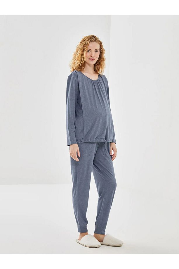 LCW DREAM Mavi Bisiklet Yaka Düz Uzun Kollu Hamile Pijama Takımı - 1