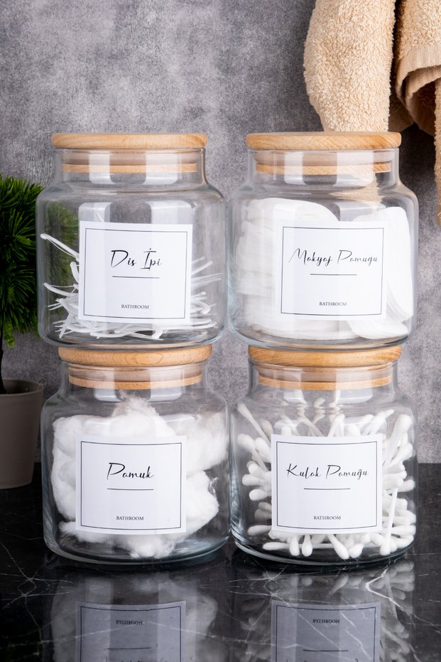 4-Piece Glass Bathroom Set with Wooden Cover Cotton Ear Cotton Tooth Floss Makeup Cotton Organize Set